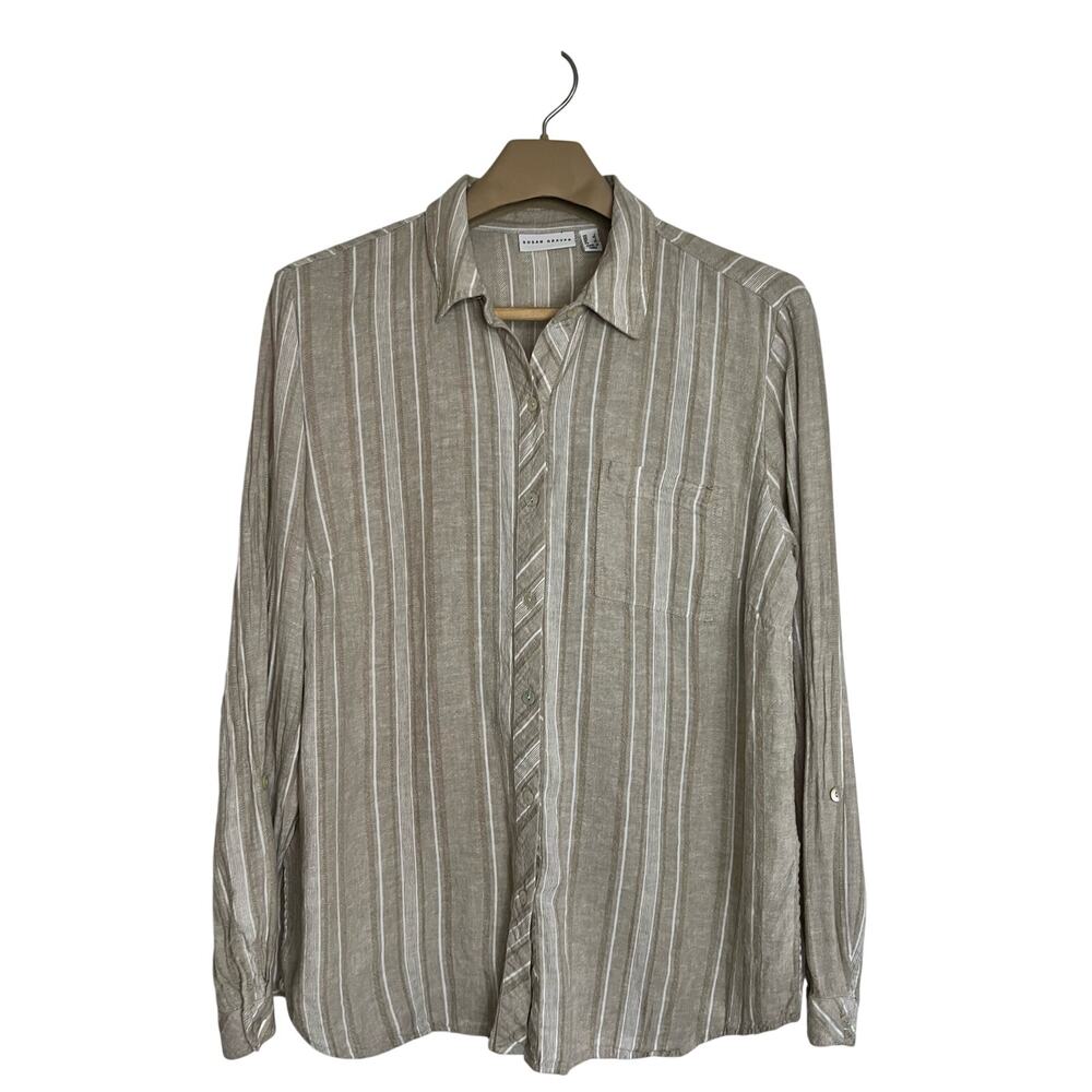 Susan Graver Button Up Blouse Tan White Size LARGE Linen Rayon Long Sleeve